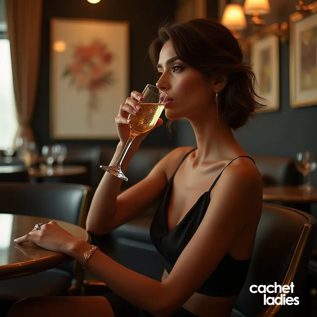A professional companion enjoying a quiet moment in a luxurious Toronto lounge, representing the elite and refined nature of Cachet Ladies.